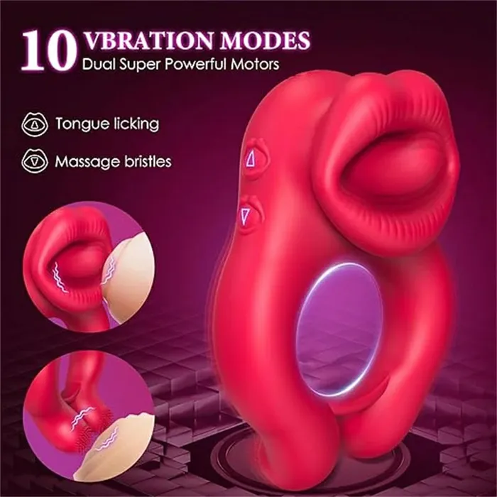 Couples Couples Share Penis Red Lips Vibrating Cock Ring OOTYEMO