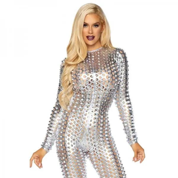 Vibrators Leg Avenue Laser Cut Metallic Catsuit Silver Medium